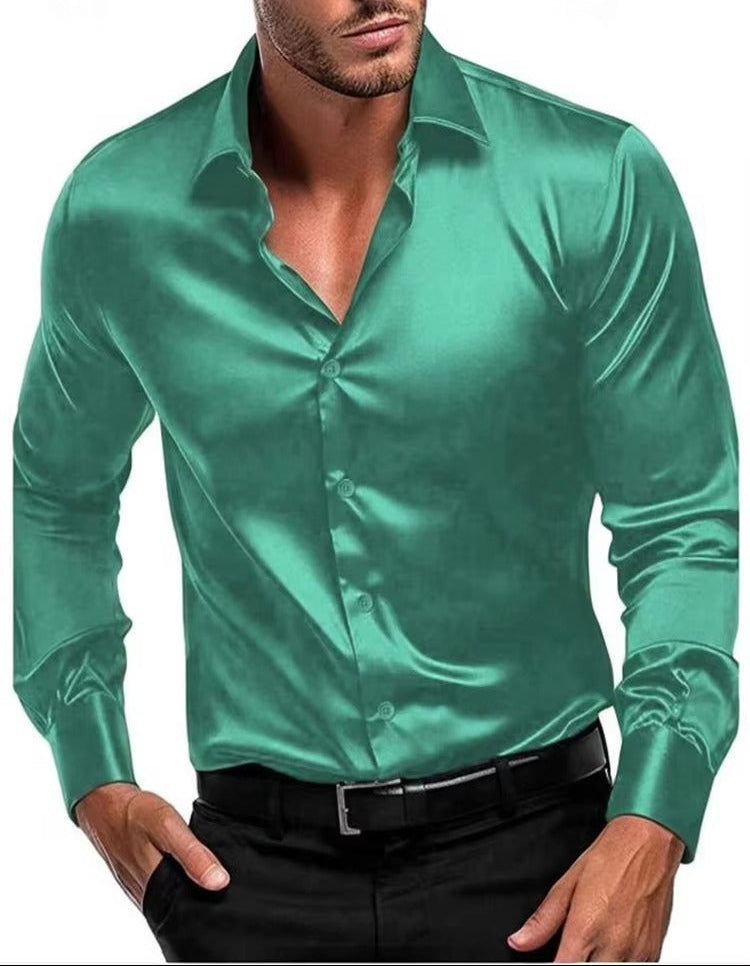 Brookmonts Men’s Satin Dress Shirt – Slim Fit Long Sleeve Party Shirt