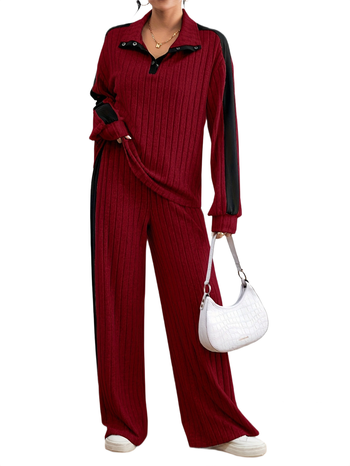 Women’s Ribbed Lounge Set – Long Sleeve Top & Wide-Leg Trousers