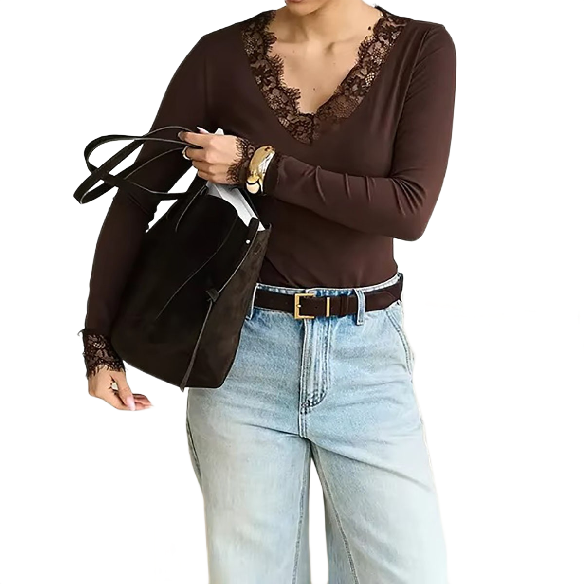 Brookmonts Women’s V-Neck Lace Top – Slim Fit Long Sleeve Pullover