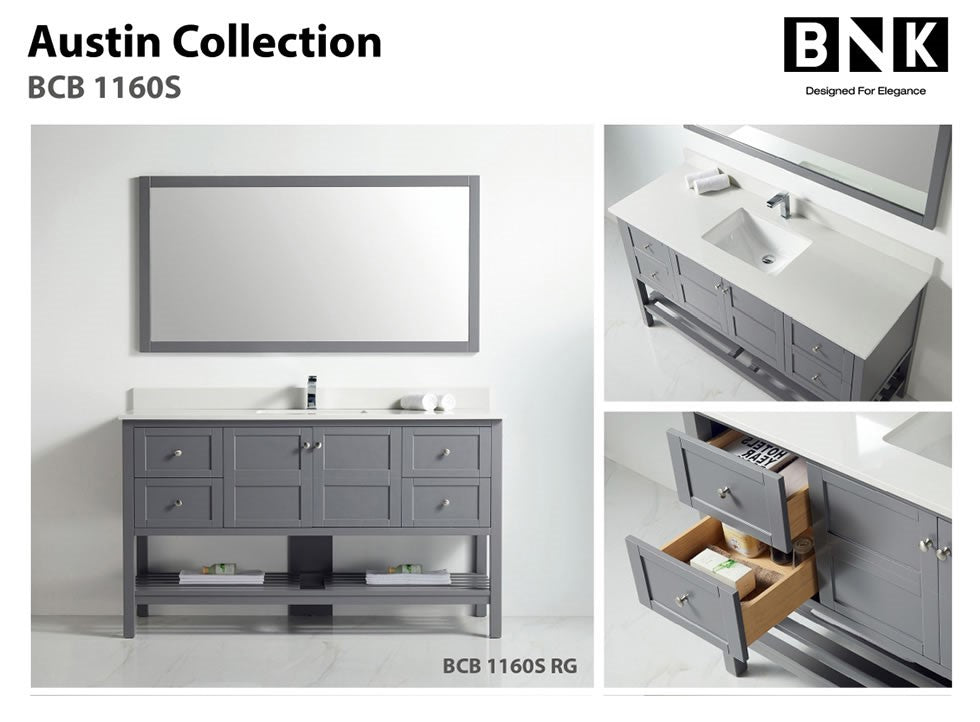 BNK Austin - 60" Vanity with single sink. Two door, Four drawer & soft close. Rock Gray