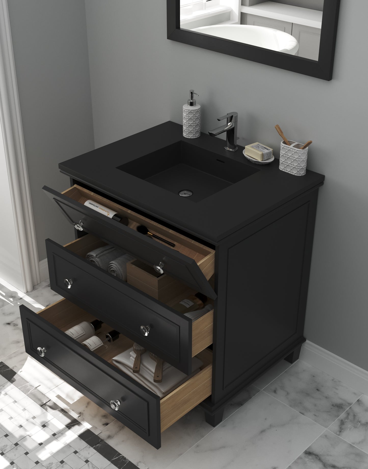 Laviva - Luna 30" Espresso Bathroom Vanity with Matte Black VIVA Stone Solid Surface Countertop