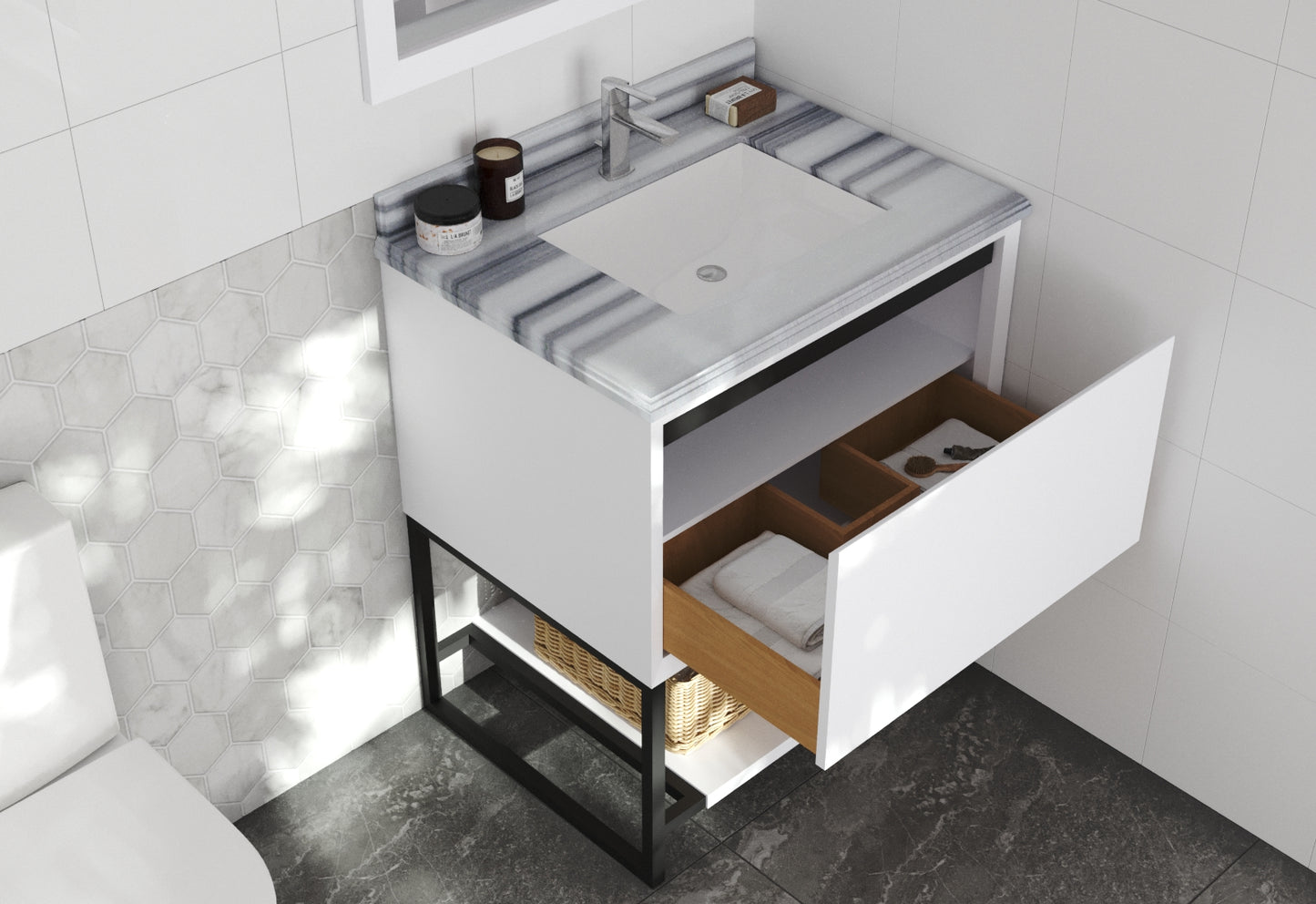 Laviva - Alto 30" White Bathroom Vanity with White Stripes Marble Countertop