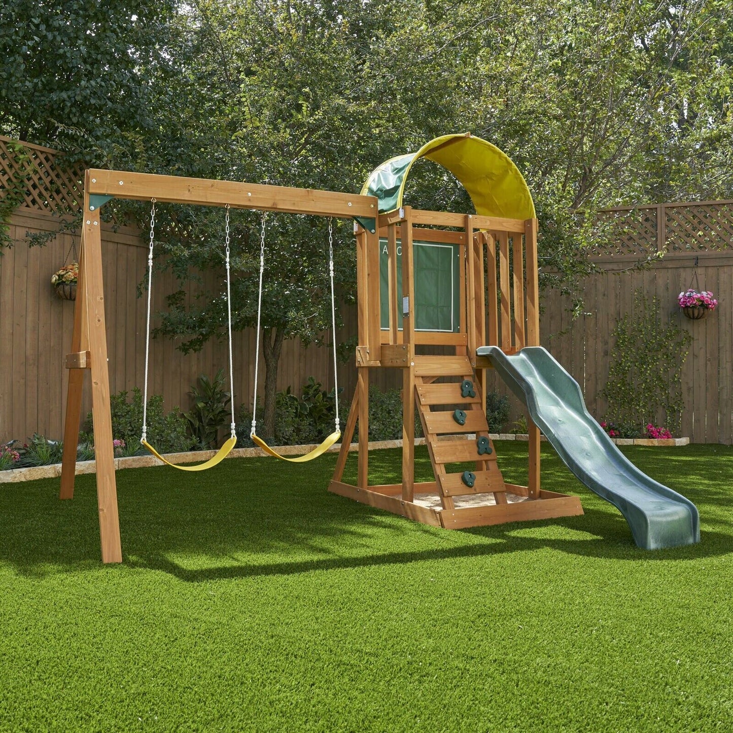 Wooden Outdoor Playset Swing Set with Rock Wall, Slide, Chalk Wall, Canopy, Wood