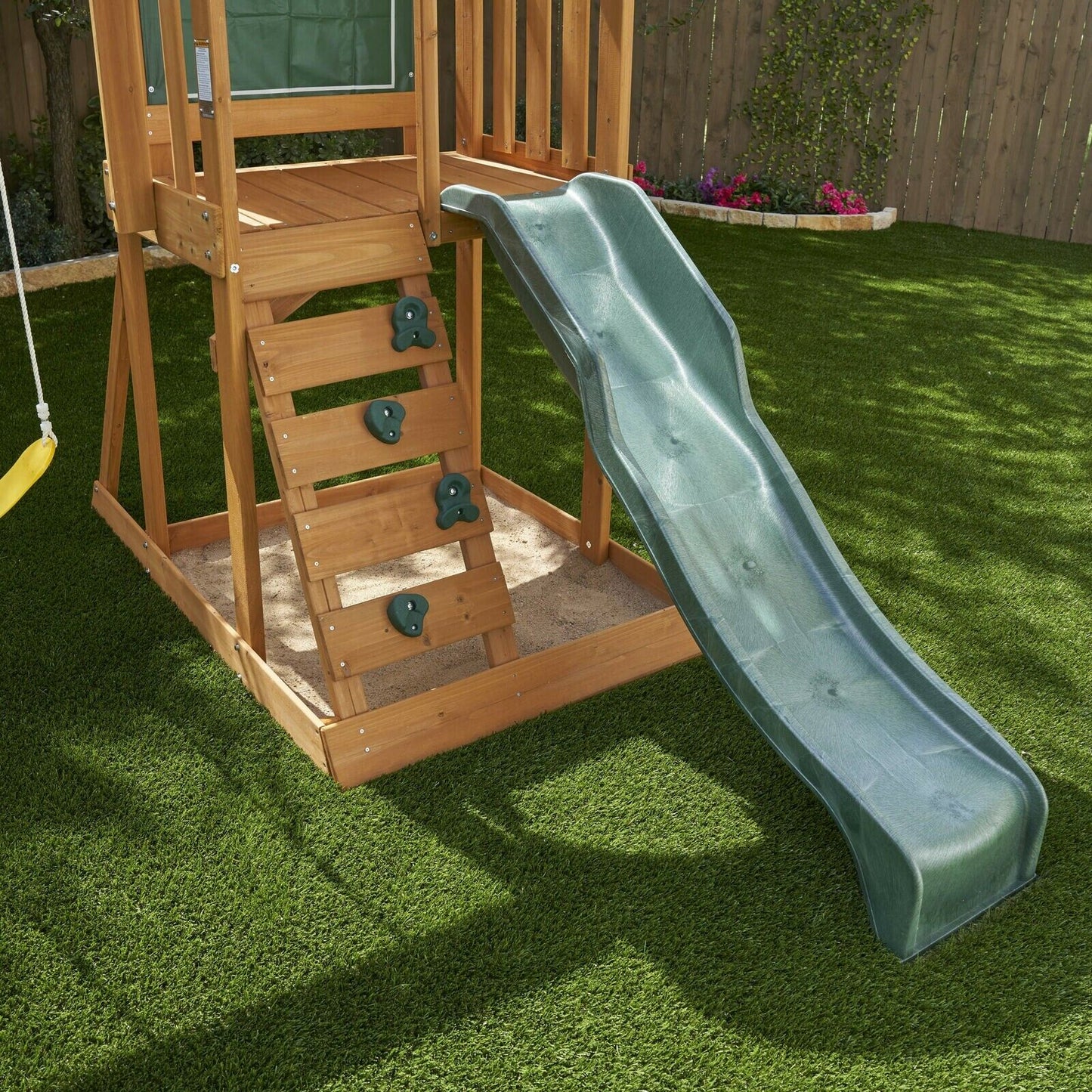 Wooden Outdoor Playset Swing Set with Rock Wall, Slide, Chalk Wall, Canopy, Wood
