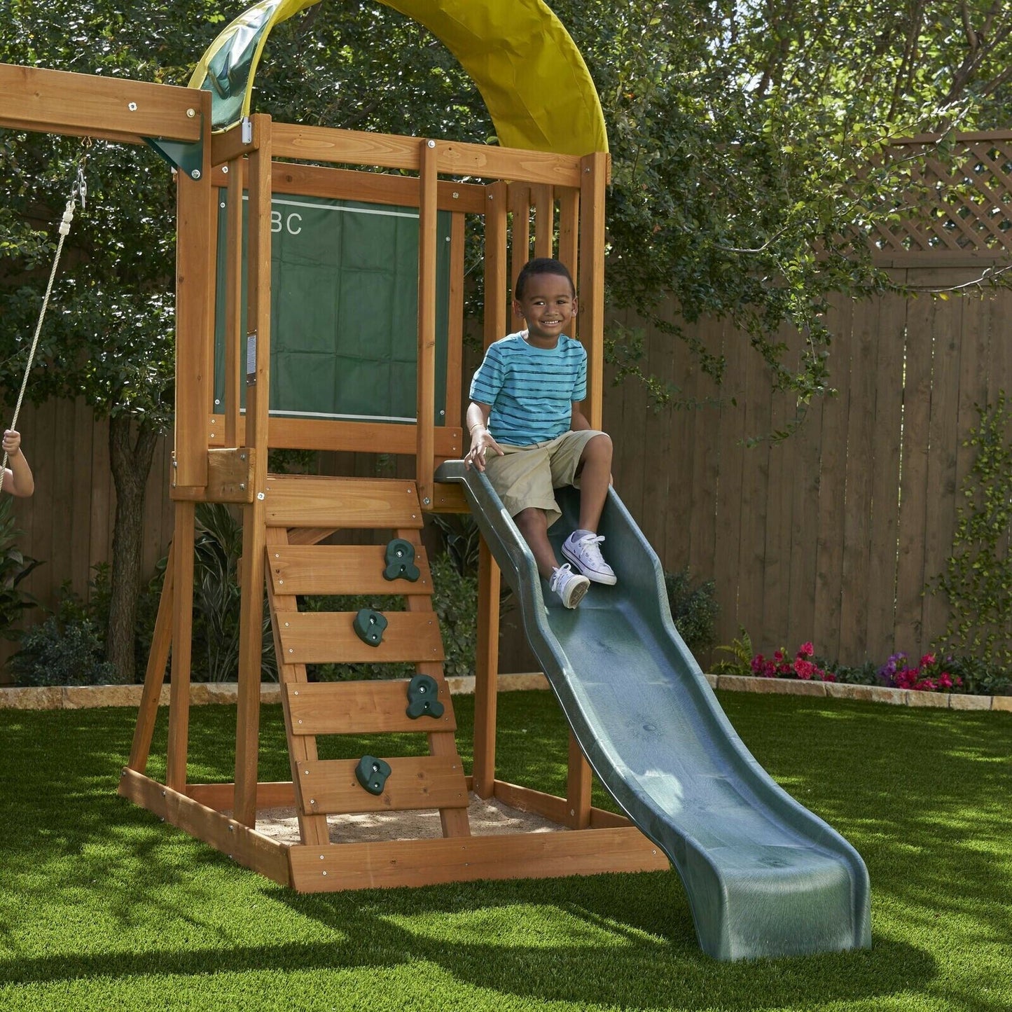 Wooden Outdoor Playset Swing Set with Rock Wall, Slide, Chalk Wall, Canopy, Wood
