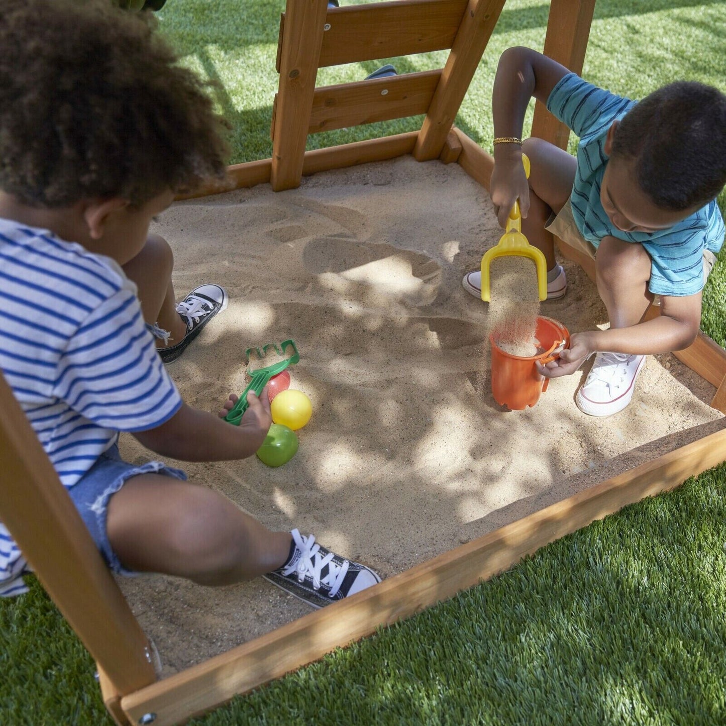 Wooden Outdoor Playset Swing Set with Rock Wall, Slide, Chalk Wall, Canopy, Wood