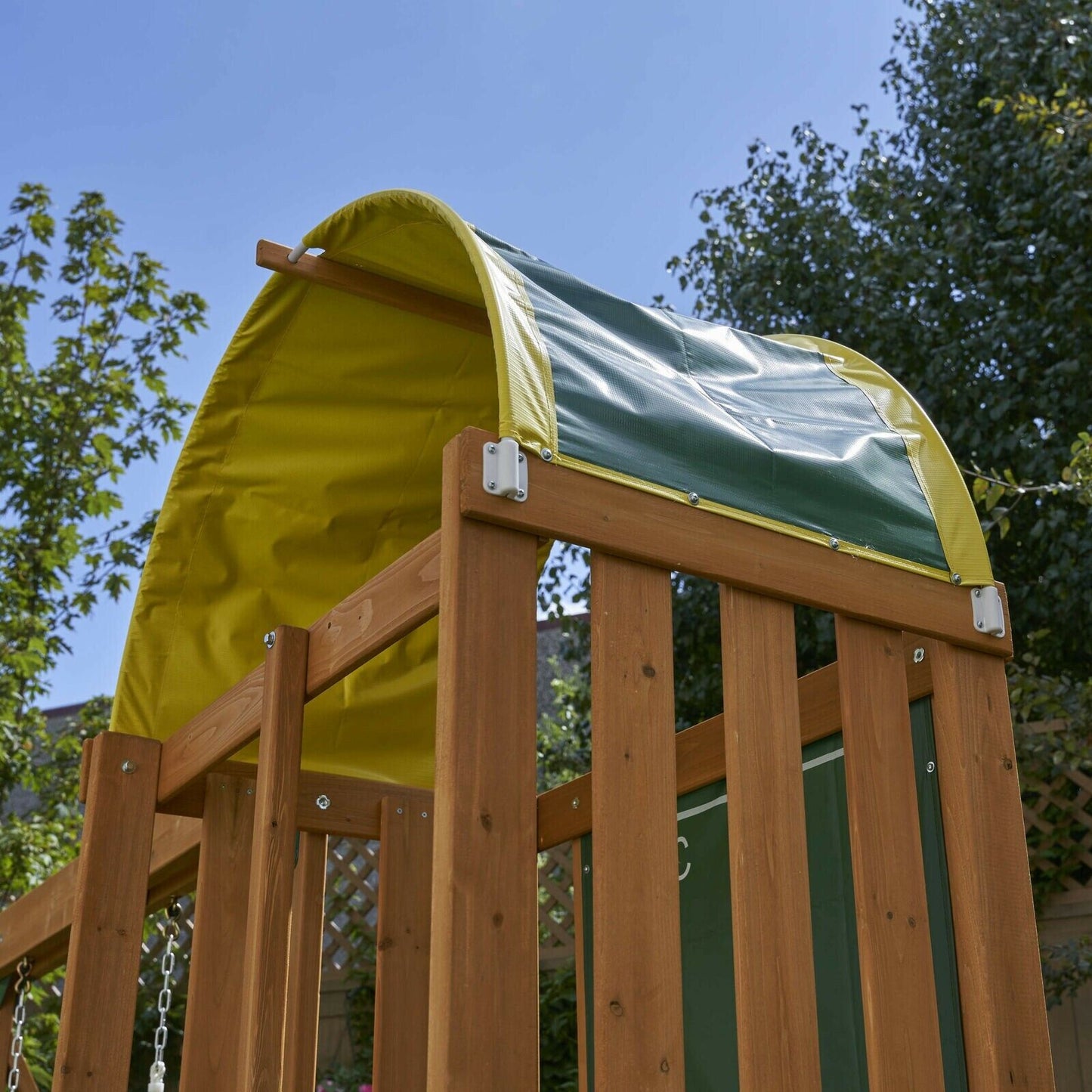 Wooden Outdoor Playset Swing Set with Rock Wall, Slide, Chalk Wall, Canopy, Wood