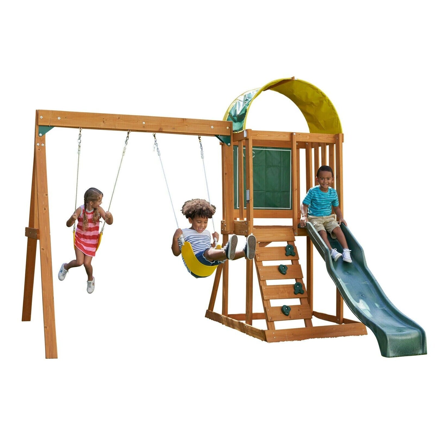 Wooden Outdoor Playset Swing Set with Rock Wall, Slide, Chalk Wall, Canopy, Wood