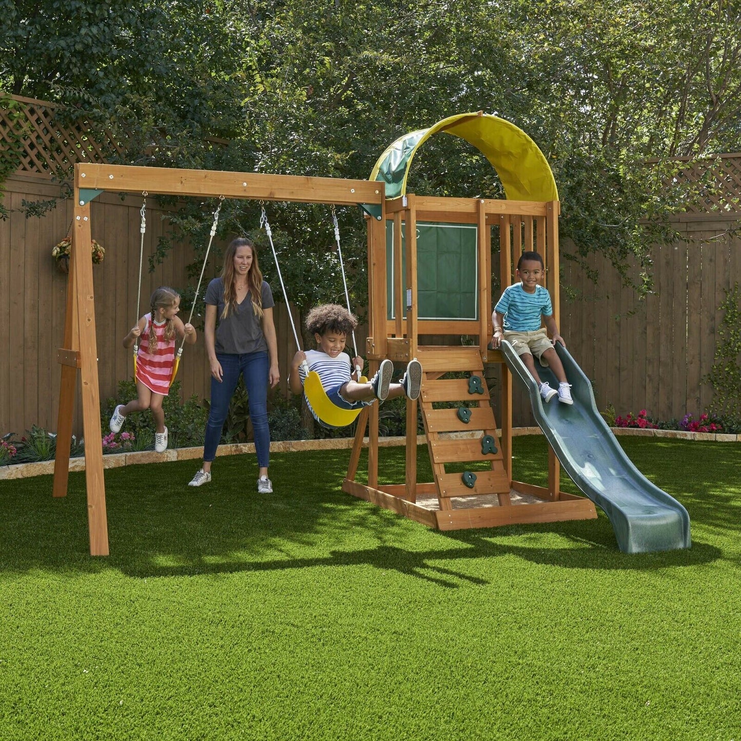Wooden Outdoor Playset Swing Set with Rock Wall, Slide, Chalk Wall, Canopy, Wood