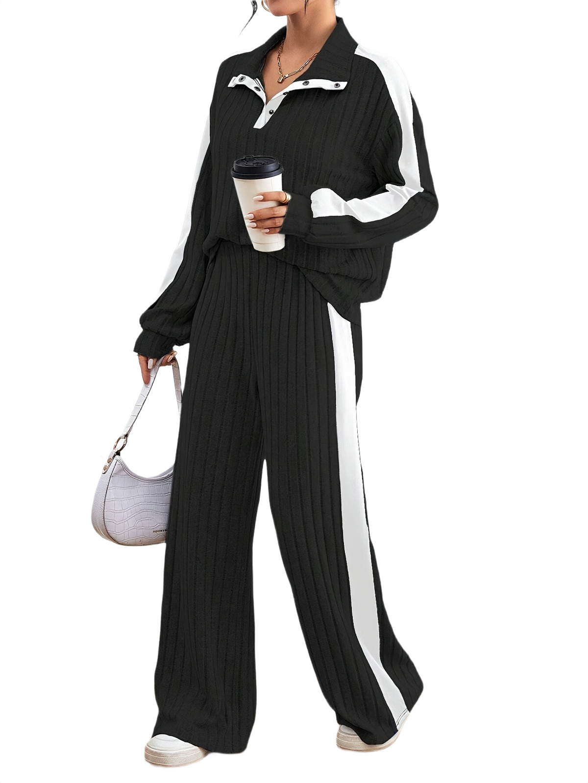 Women’s Ribbed Lounge Set – Long Sleeve Top & Wide-Leg Trousers