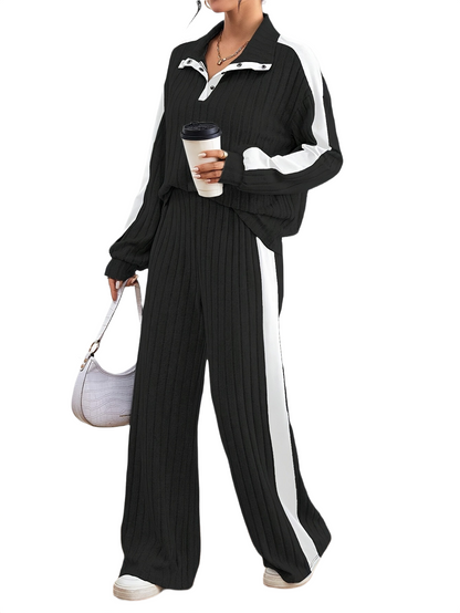 Women’s Ribbed Lounge Set – Long Sleeve Top & Wide-Leg Trousers