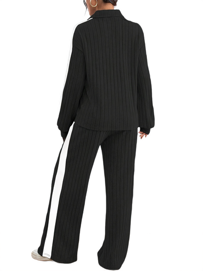 Women’s Ribbed Lounge Set – Long Sleeve Top & Wide-Leg Trousers