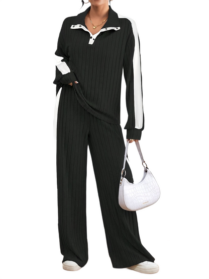Women’s Ribbed Lounge Set – Long Sleeve Top & Wide-Leg Trousers