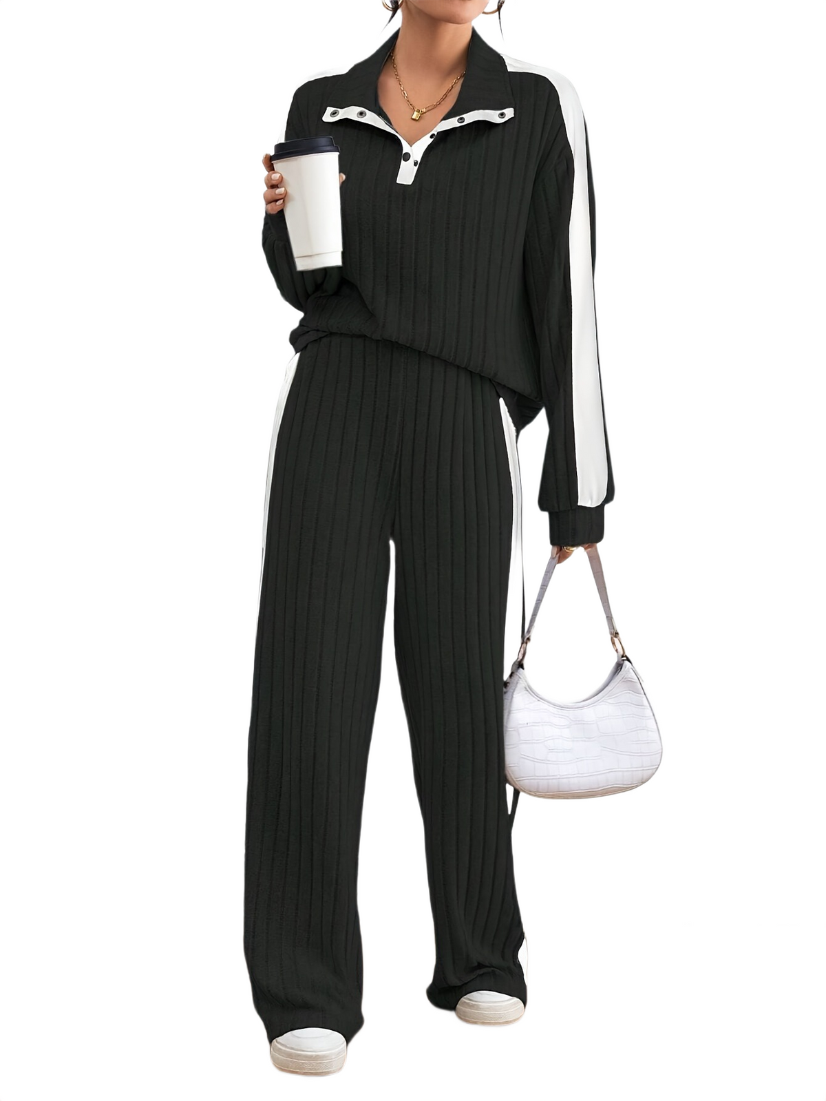 Women’s Ribbed Lounge Set – Long Sleeve Top & Wide-Leg Trousers