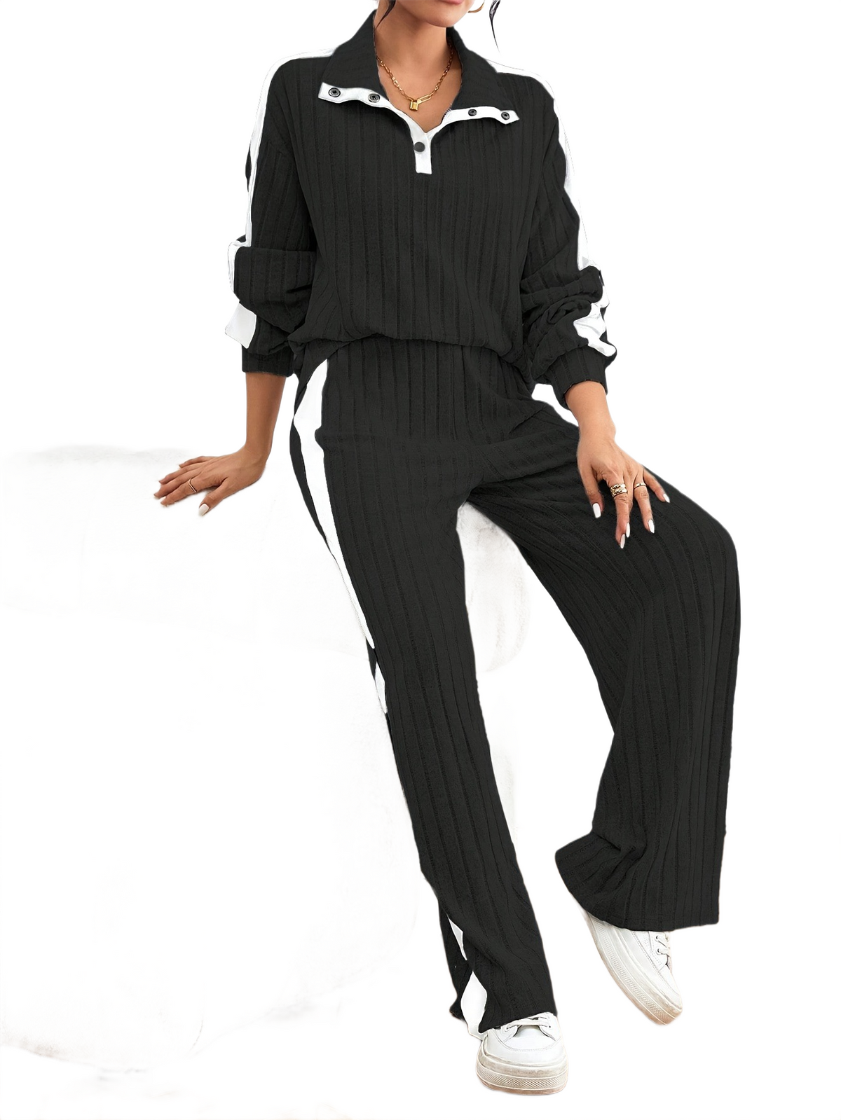 Women’s Ribbed Lounge Set – Long Sleeve Top & Wide-Leg Trousers