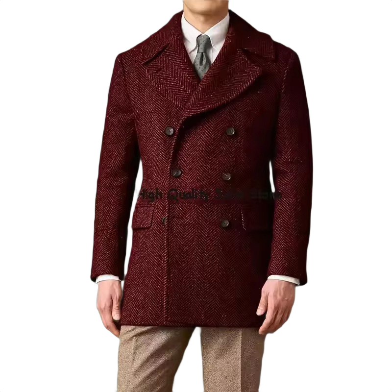 Brookmonts Men's Herringbone Wool Blend Overcoat – Double-Breasted Long Coat
