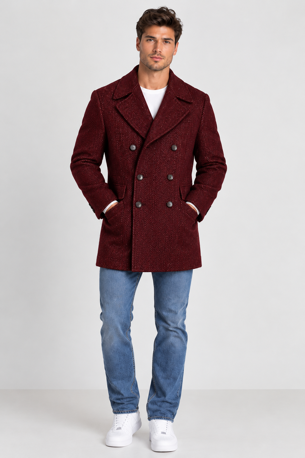 Brookmonts Men's Herringbone Wool Blend Overcoat – Double-Breasted Long Coat