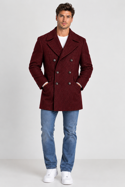 Brookmonts Men's Herringbone Wool Blend Overcoat – Double-Breasted Long Coat