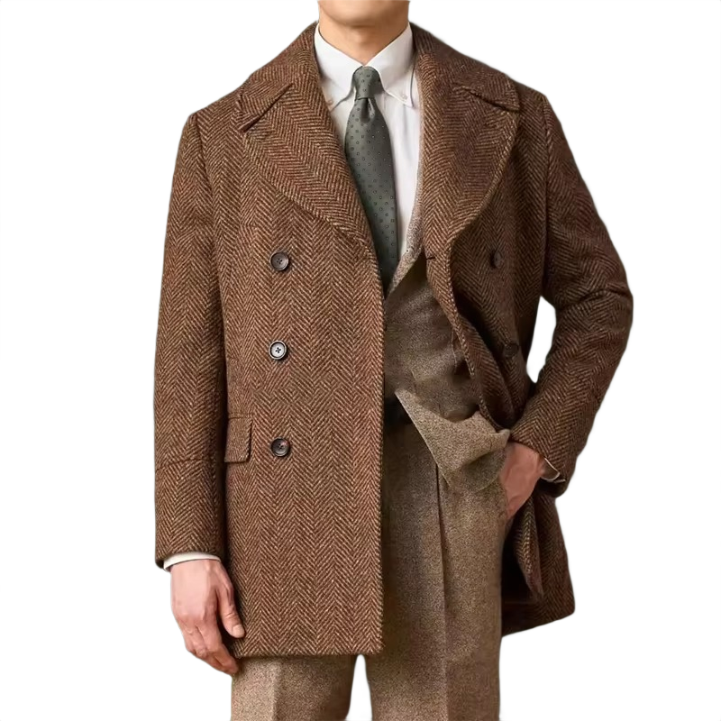 Brookmonts Men's Herringbone Wool Blend Overcoat – Double-Breasted Long Coat