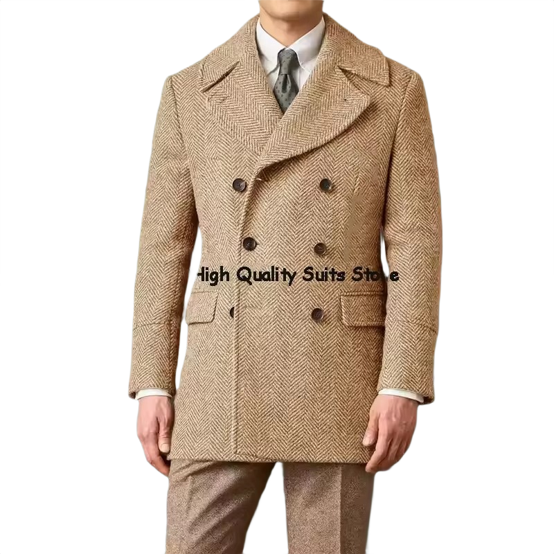 Brookmonts Men's Herringbone Wool Blend Overcoat – Double-Breasted Long Coat