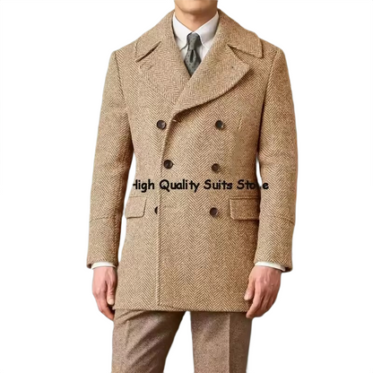 Brookmonts Men's Herringbone Wool Blend Overcoat – Double-Breasted Long Coat