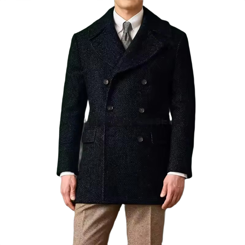 Brookmonts Men's Herringbone Wool Blend Overcoat – Double-Breasted Long Coat