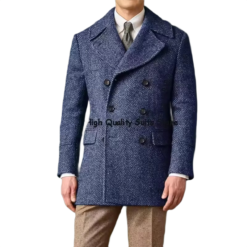 Brookmonts Men's Herringbone Wool Blend Overcoat – Double-Breasted Long Coat