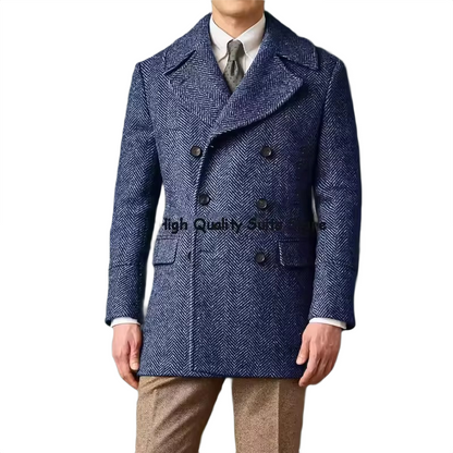 Brookmonts Men's Herringbone Wool Blend Overcoat – Double-Breasted Long Coat