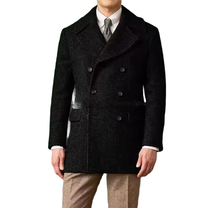 Brookmonts Men's Herringbone Wool Blend Overcoat – Double-Breasted Long Coat