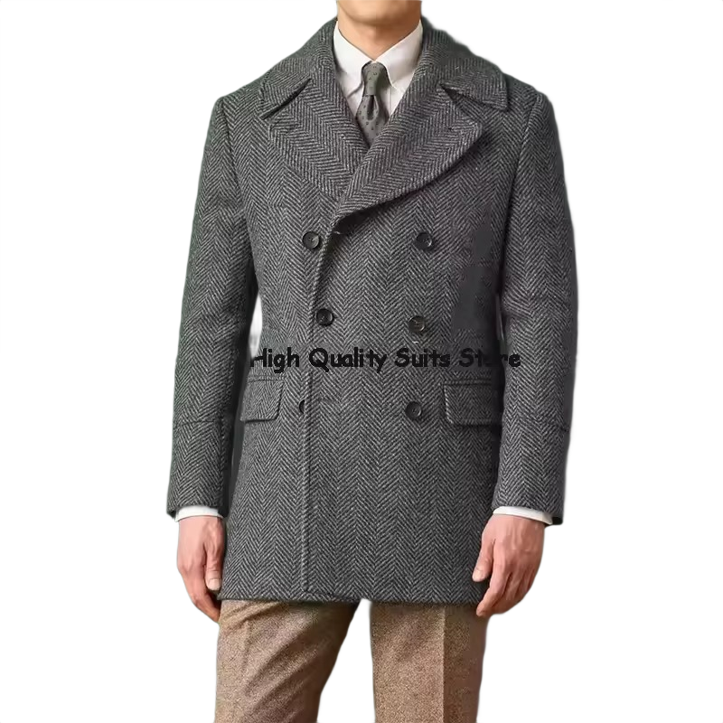 Brookmonts Men's Herringbone Wool Blend Overcoat – Double-Breasted Long Coat