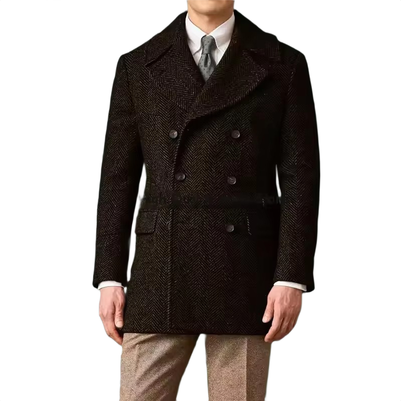 Brookmonts Men's Herringbone Wool Blend Overcoat – Double-Breasted Long Coat