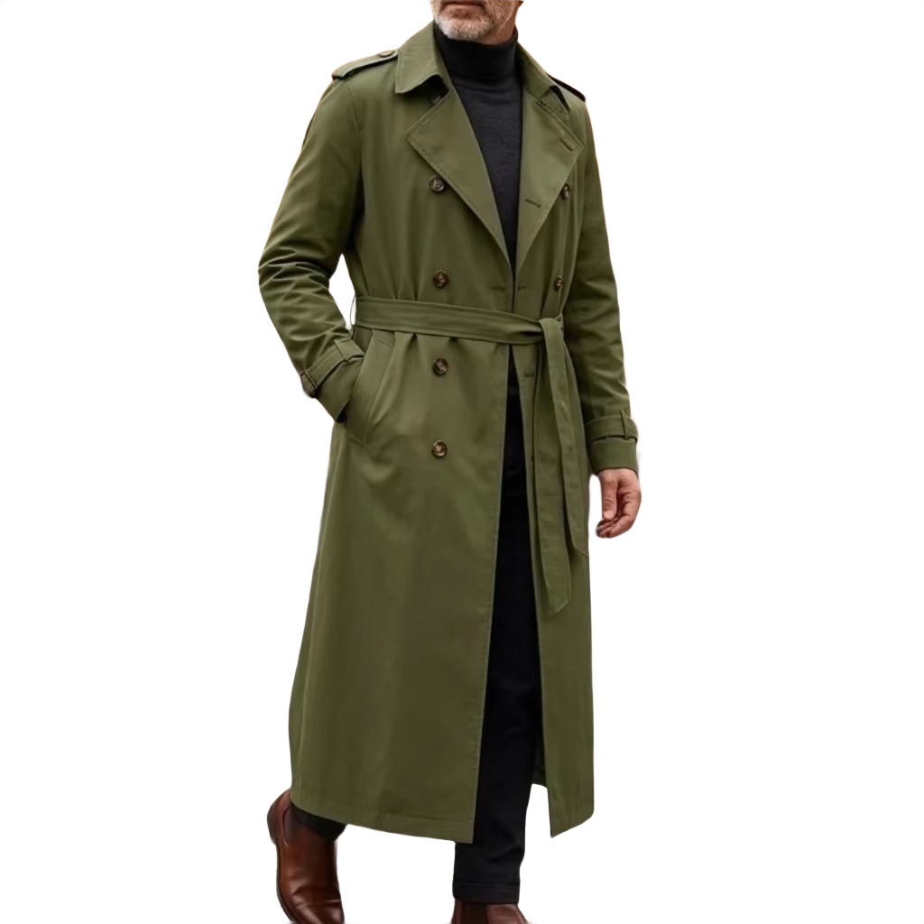 Brookmonts Men’s Long Trench Coat – Double-Breasted Belted Windbreaker