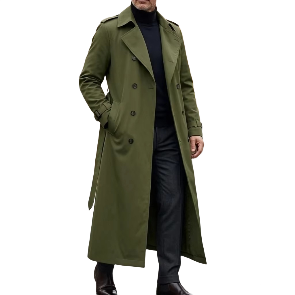 Brookmonts Men’s Long Trench Coat – Double-Breasted Belted Windbreaker