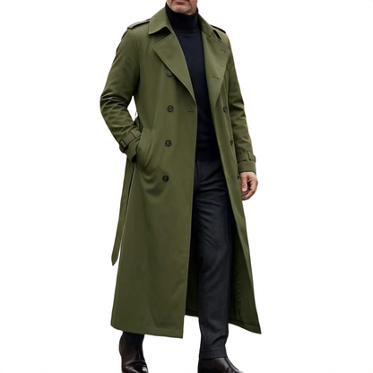 Brookmonts Men’s Long Trench Coat – Double-Breasted Belted Windbreaker