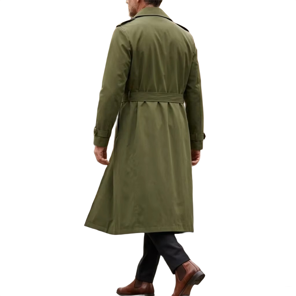 Brookmonts Men’s Long Trench Coat – Double-Breasted Belted Windbreaker