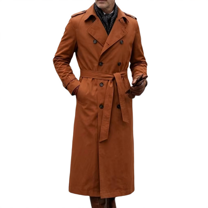 Brookmonts Men’s Long Trench Coat – Double-Breasted Belted Windbreaker