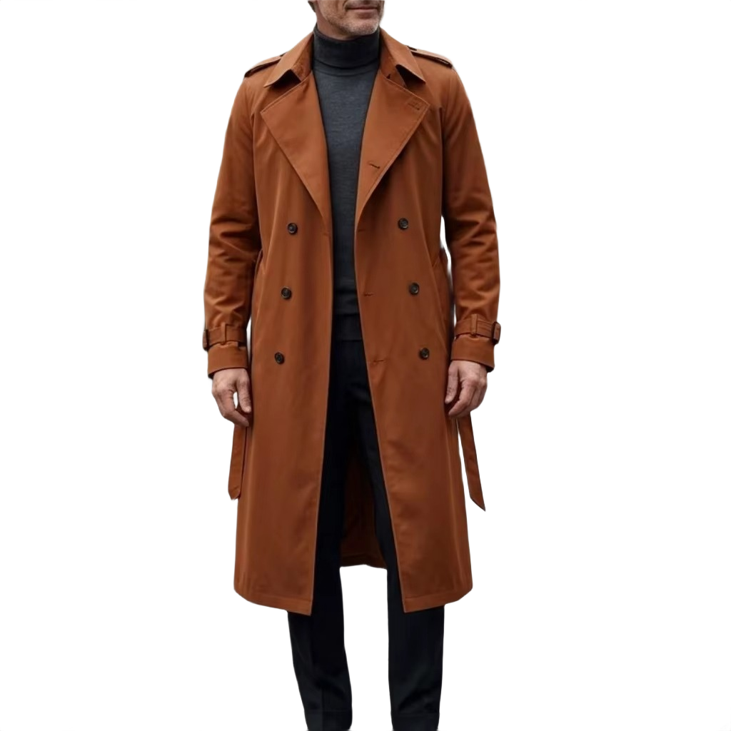 Brookmonts Men’s Long Trench Coat – Double-Breasted Belted Windbreaker