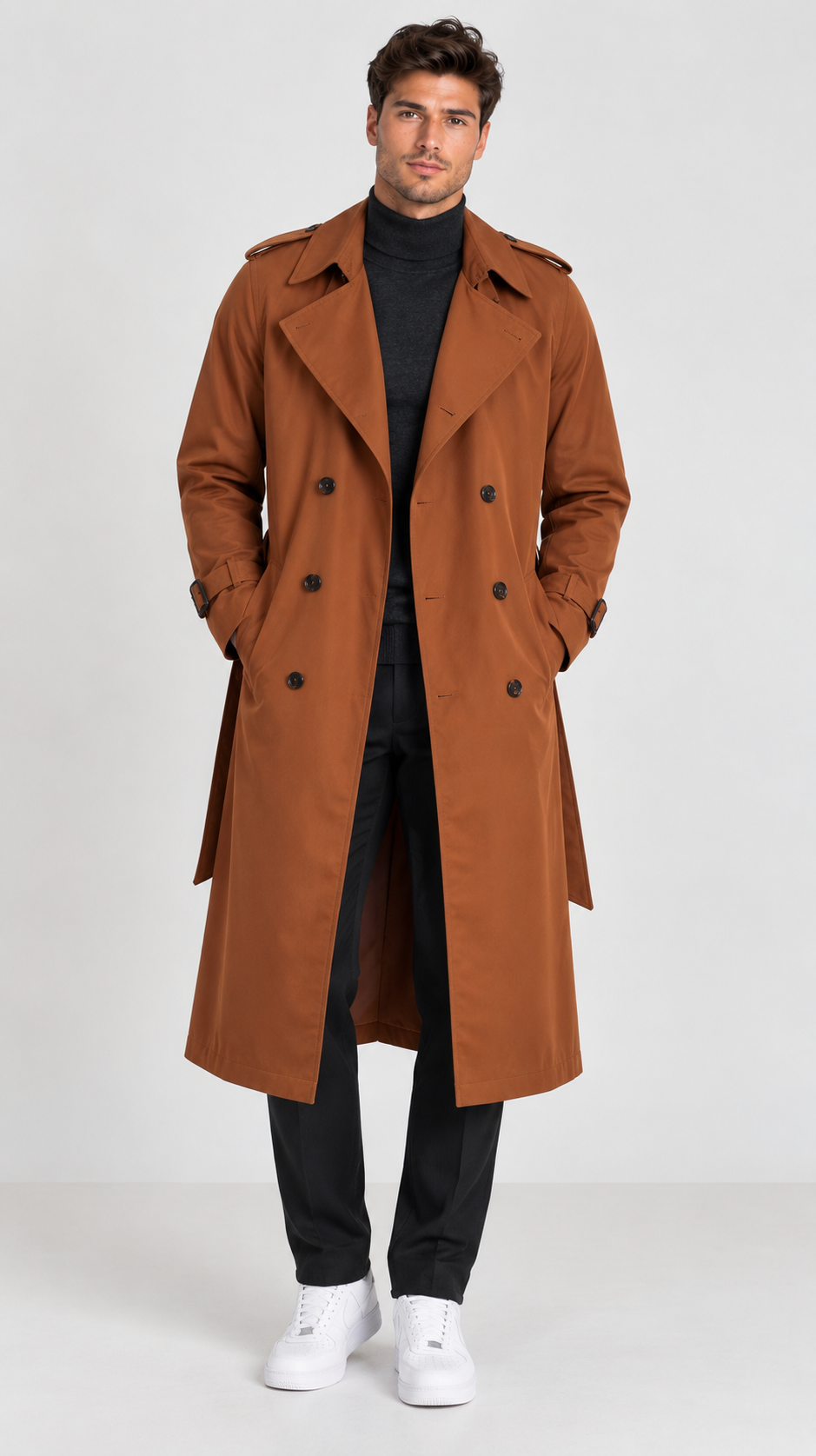 Brookmonts Men’s Long Trench Coat – Double-Breasted Belted Windbreaker