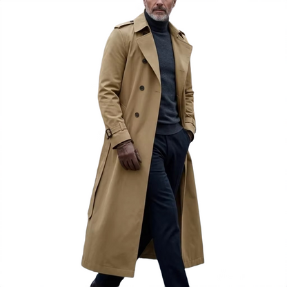 Brookmonts Men’s Long Trench Coat – Double-Breasted Belted Windbreaker