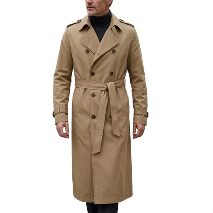 Brookmonts Men’s Long Trench Coat – Double-Breasted Belted Windbreaker