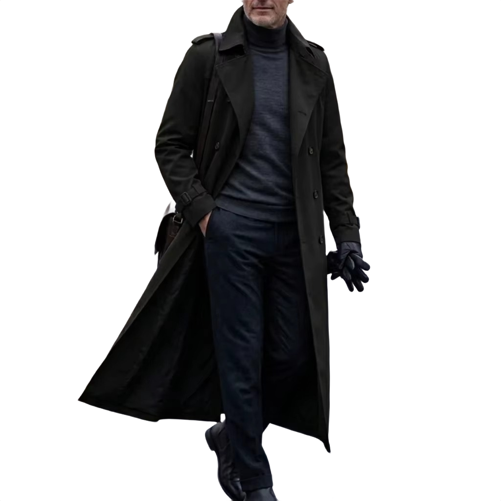 Brookmonts Men’s Long Trench Coat – Double-Breasted Belted Windbreaker