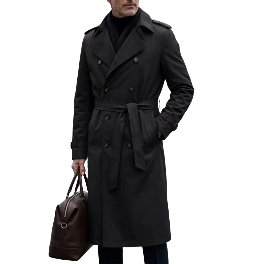 Brookmonts Men’s Long Trench Coat – Double-Breasted Belted Windbreaker