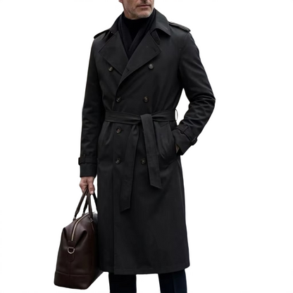 Brookmonts Men’s Long Trench Coat – Double-Breasted Belted Windbreaker