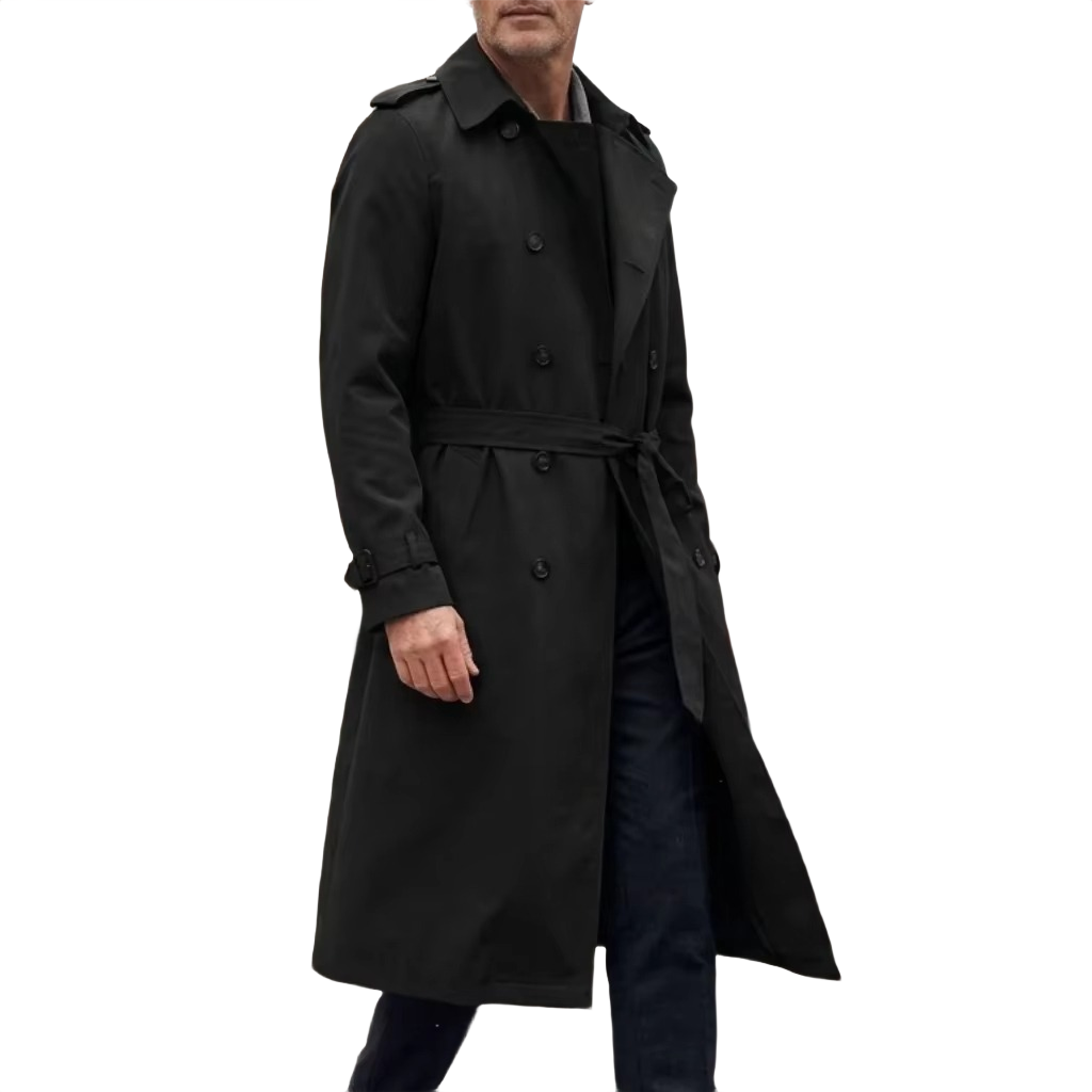 Brookmonts Men’s Long Trench Coat – Double-Breasted Belted Windbreaker