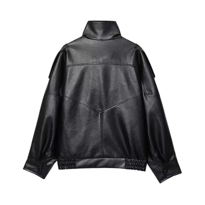 Brookmonts Women’s Black Faux Leather Jacket – Oversized Zip-Up Coat