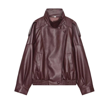 Brookmonts Women’s Black Faux Leather Jacket – Oversized Zip-Up Coat