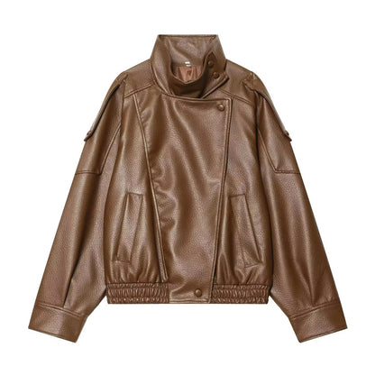 Brookmonts Women’s Black Faux Leather Jacket – Oversized Zip-Up Coat
