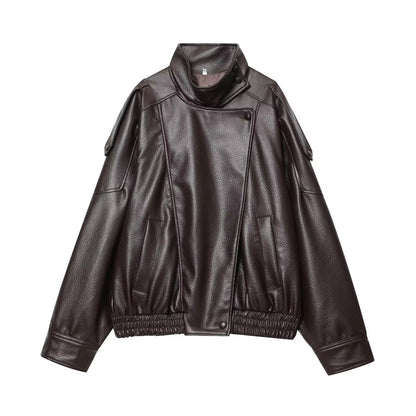 Brookmonts Women’s Black Faux Leather Jacket – Oversized Zip-Up Coat