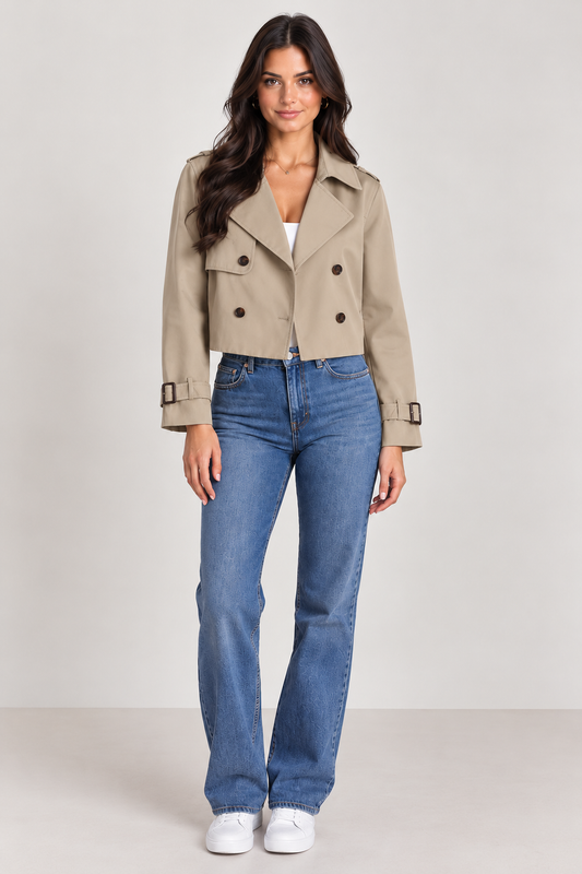 Brookmonts Women's Cropped Trench Jacket – Double-Breasted Vintage Coat