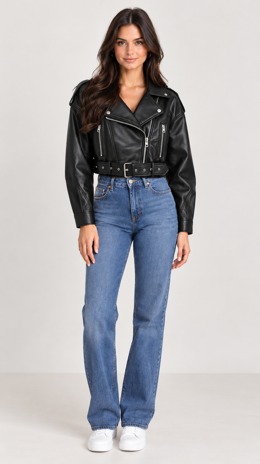 Brookmonts Women’s Faux Leather Biker Jacket – Oversized Vintage Zip-Up